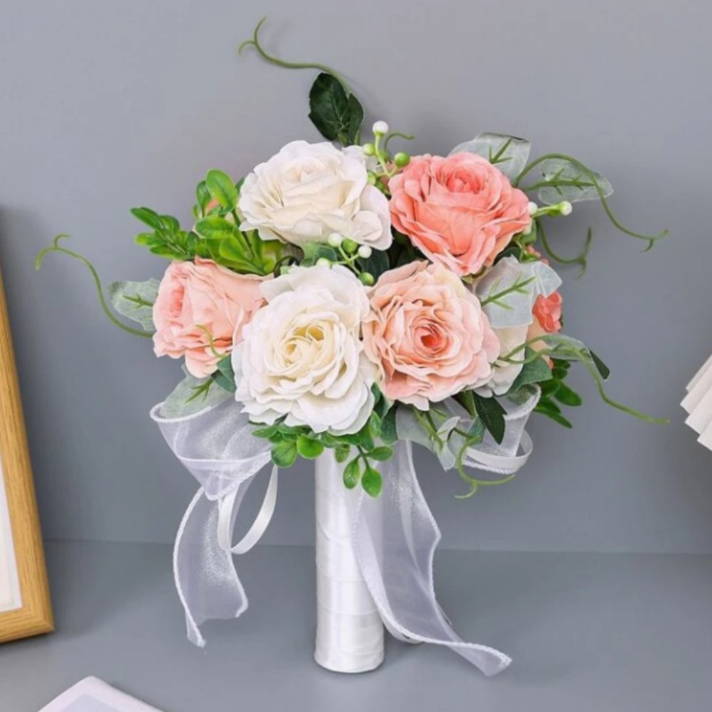 Handheld Artificial Bouquet with pink roses, fruits, leaves.